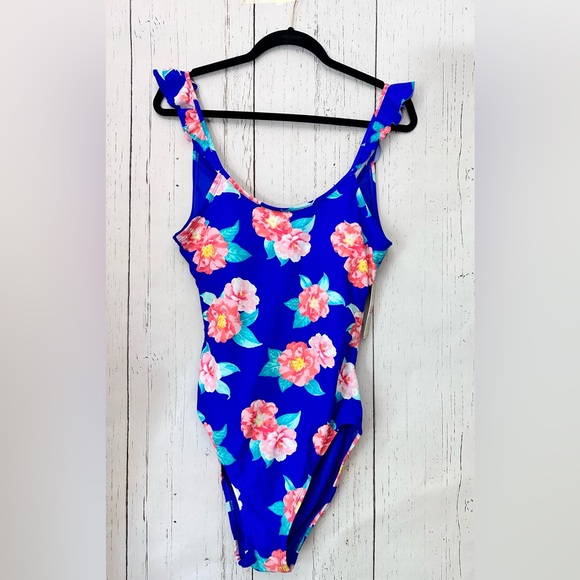 NWT GB Gianni Bini One Piece Swimsuit Blue Floral Ruffled Size L - Picture 5 of 9